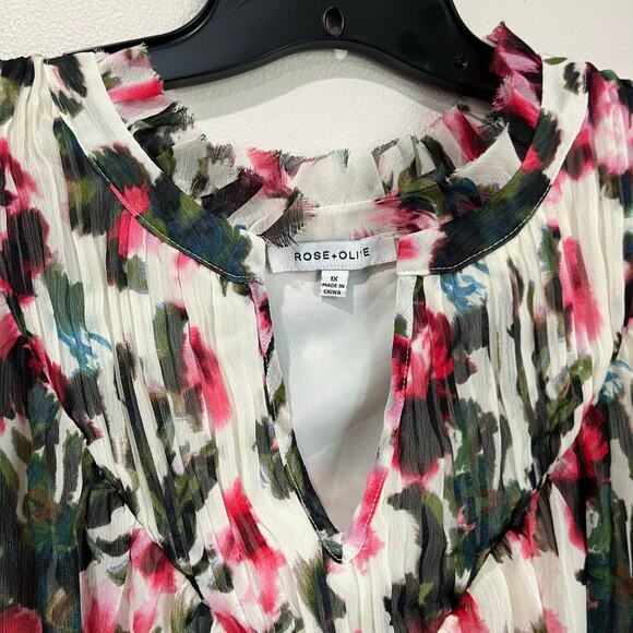 Rose + Olive Floral Sheer Blouse Plus Size 1X Boho Romantic Peasant Top Spring - Picture 3 of 7